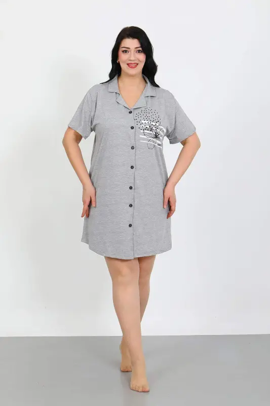 Angelino Plus Size Knit Buttoned Gray Tunic Nightgown 1025 - 2