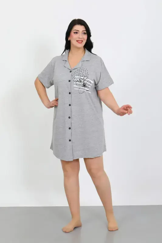 Angelino Plus Size Knit Buttoned Gray Tunic Nightgown 1025 - 1
