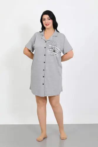 Angelino Plus Size Knit Buttoned Gray Tunic Nightgown 1025 - 4