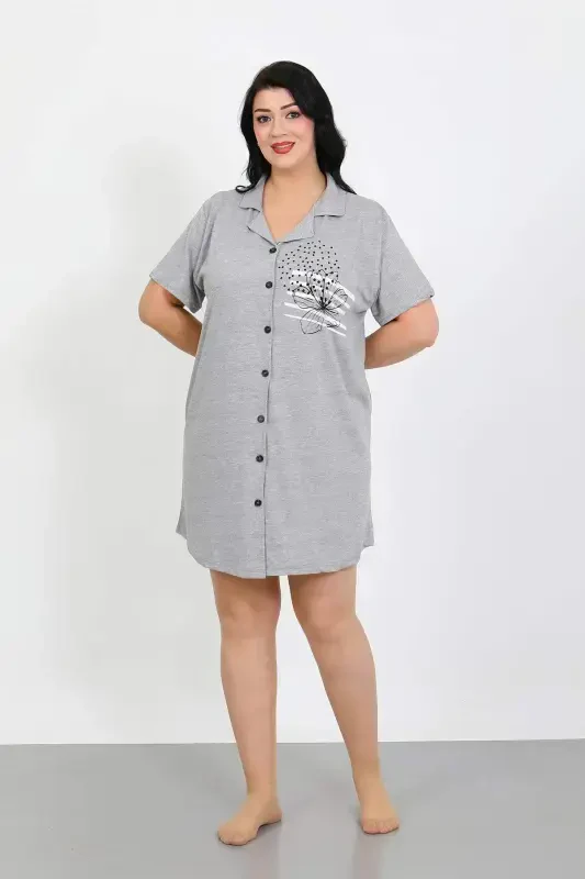 Angelino Plus Size Knit Buttoned Gray Tunic Nightgown 1025 - 4