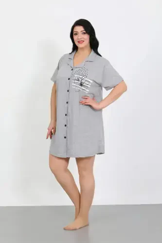 Angelino Plus Size Knit Buttoned Gray Tunic Nightgown 1025 - 5