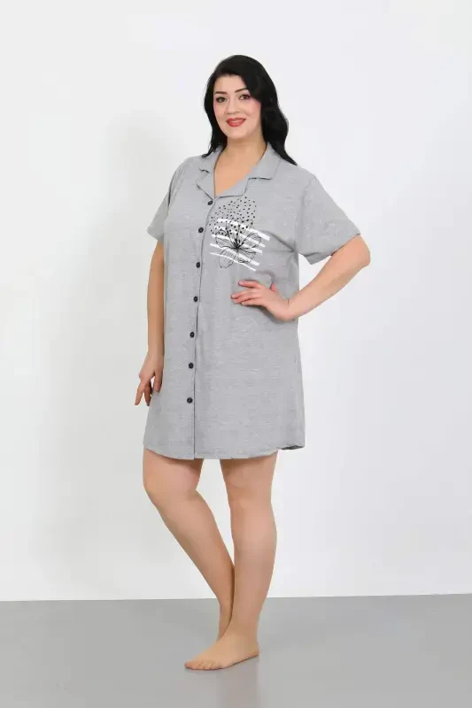 Angelino Plus Size Knit Buttoned Gray Tunic Nightgown 1025 - 5