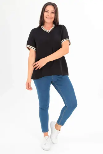 Angelino Plus Size Knitted Banded Black Blouse - BÜYÜKBEDENIZ (1)