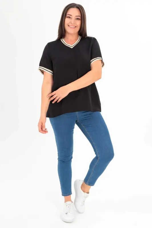 Angelino Plus Size Knitted Banded Black Blouse - 2