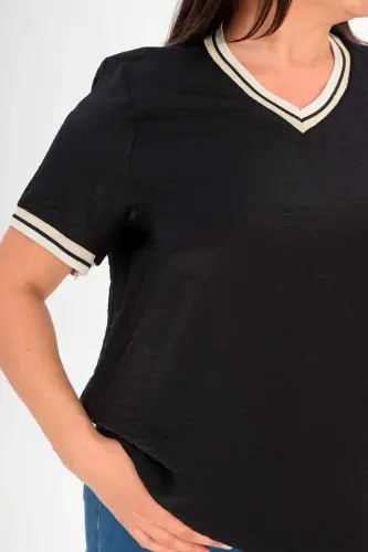 Angelino Plus Size Knitted Banded Black Blouse - 4