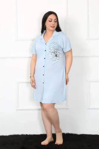 Angelino Plus Size Knitted Buttoned Blue Tunic Nightdress 1025 - 1