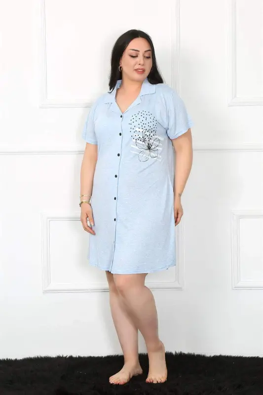 Angelino Plus Size Knitted Buttoned Blue Tunic Nightdress 1025 - 1