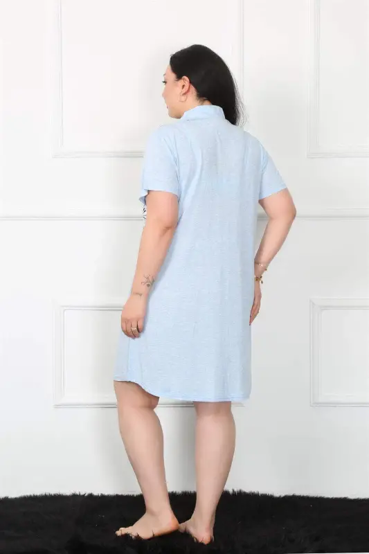 Angelino Plus Size Knitted Buttoned Blue Tunic Nightdress 1025 - 4