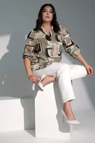 Angelino Plus Size Labyrinth Patterned Khaki Shirt - 6