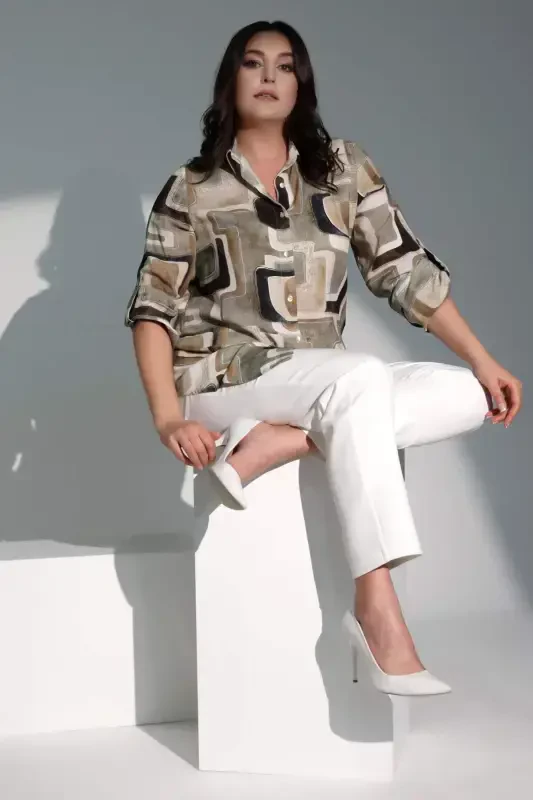 Angelino Plus Size Labyrinth Patterned Khaki Shirt - 6