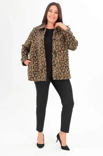 Angelino Plus Size Leopard Patterned Buttoned Brown Men's Collar Coat - Büyükbedeniz (1)