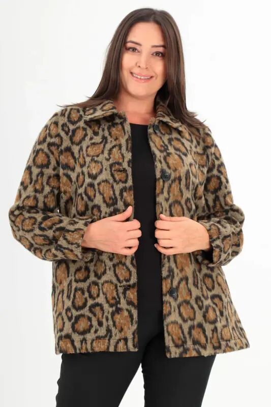 Angelino Plus Size Leopard Patterned Buttoned Brown Men's Collar Coat - 3