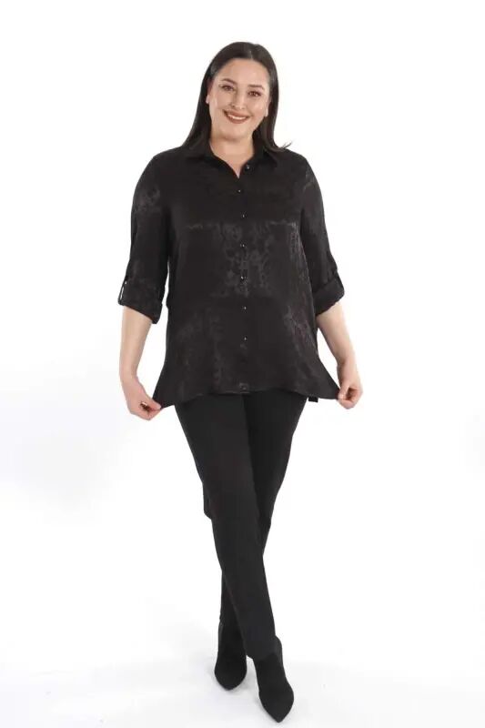 Angelino Plus Size Leopard Patterned Floş Black Viscose Shirt - 3