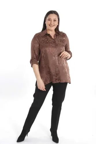 Angelino Plus Size Leopard Patterned Viscose Brown Shirt - 1