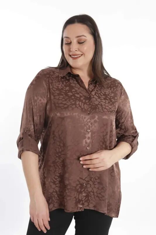 Angelino Plus Size Leopard Patterned Viscose Brown Shirt - 4