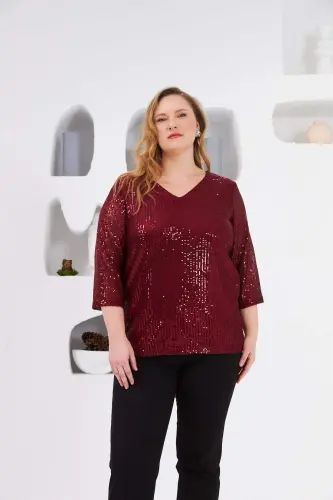 Angelino Plus Size Lined Sequin Blouse Burgundy - 1