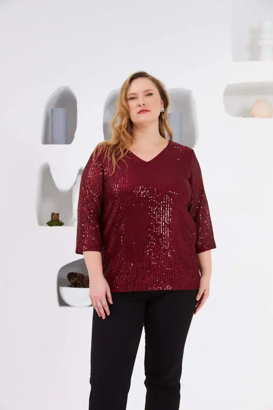 Angelino Plus Size Lined Sequin Blouse Burgundy - 1