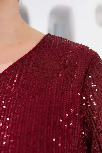 Angelino Plus Size Lined Sequin Blouse Burgundy - BÜYÜKBEDENIZ (1)