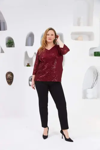 Angelino Plus Size Lined Sequin Blouse Burgundy - 3