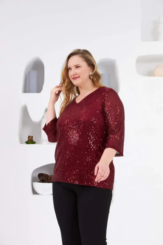 Angelino Plus Size Lined Sequin Blouse Burgundy - 5