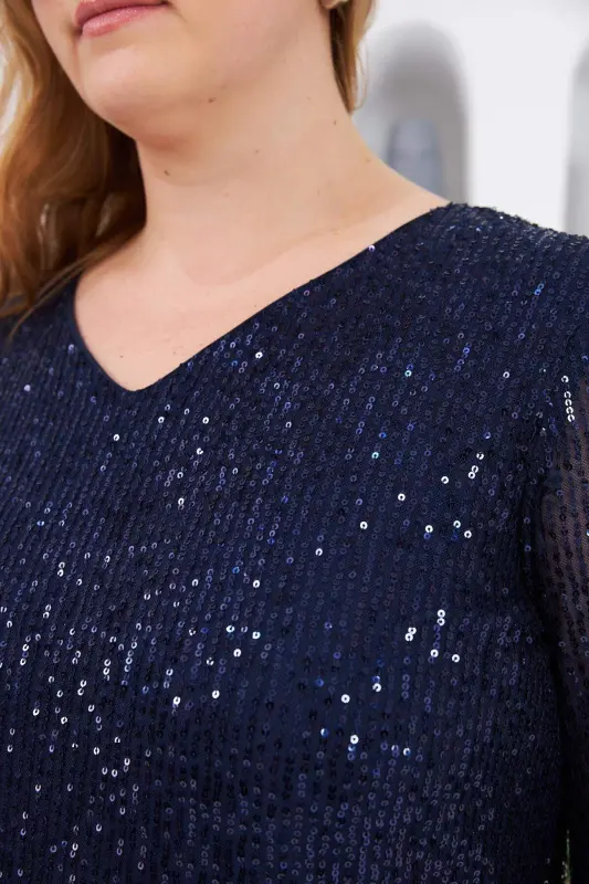 Angelino Plus Size Lined Sequin Embellished Blouse Navy Blue - 4