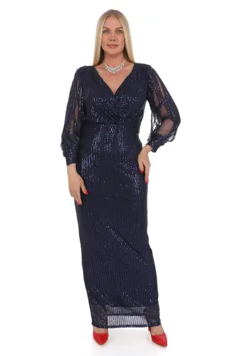 Angelino Plus Size Long Navy Blue Sequin Evening Dress with Fringe Sleeves KL8035 - BÜYÜKBEDENIZ (1)