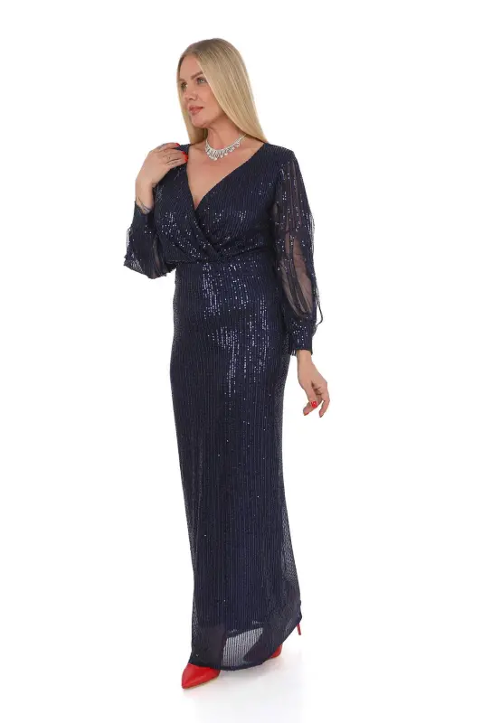 Angelino Plus Size Long Navy Blue Sequin Evening Dress with Fringe Sleeves KL8035 - 3