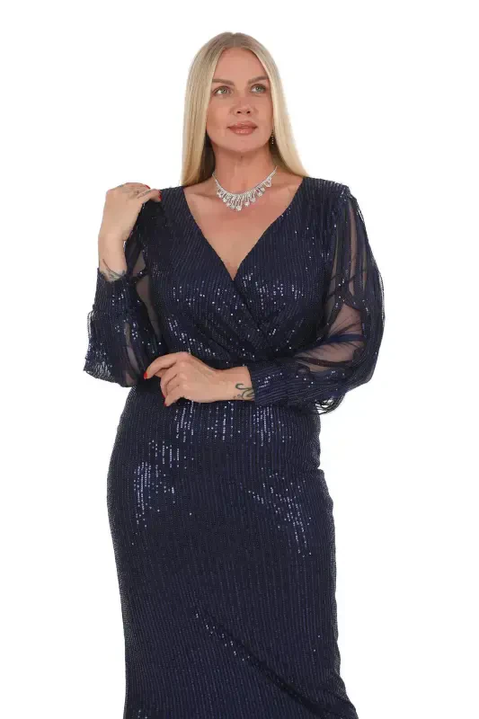 Angelino Plus Size Long Royal Blue Sequin Evening Dress with Fringe Sleeves KL8035 - BÜYÜKBEDENIZ