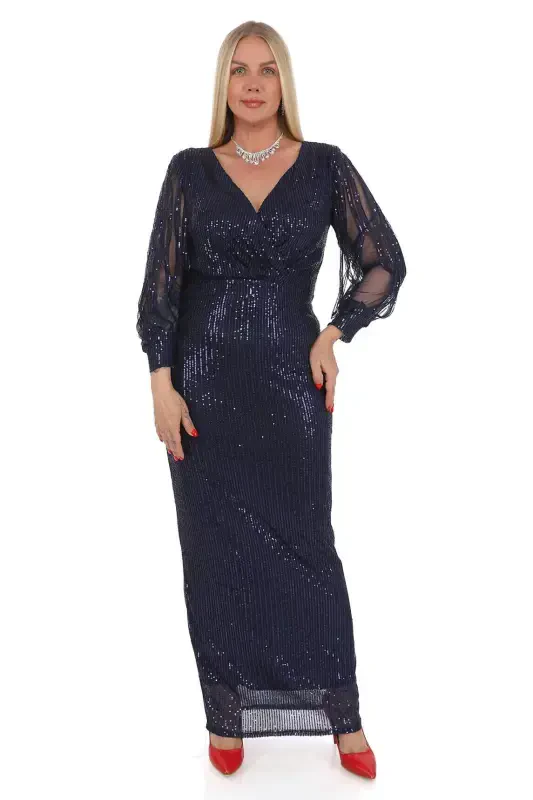 Angelino Plus Size Long Royal Blue Sequin Evening Dress with Fringe Sleeves KL8035 - 2
