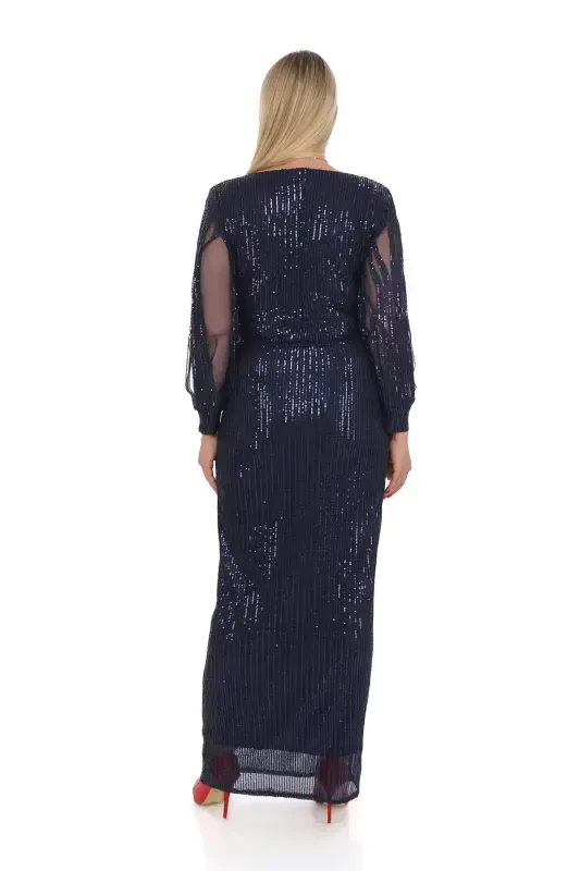 Angelino Plus Size Long Royal Blue Sequin Evening Dress with Fringe Sleeves KL8035 - 4