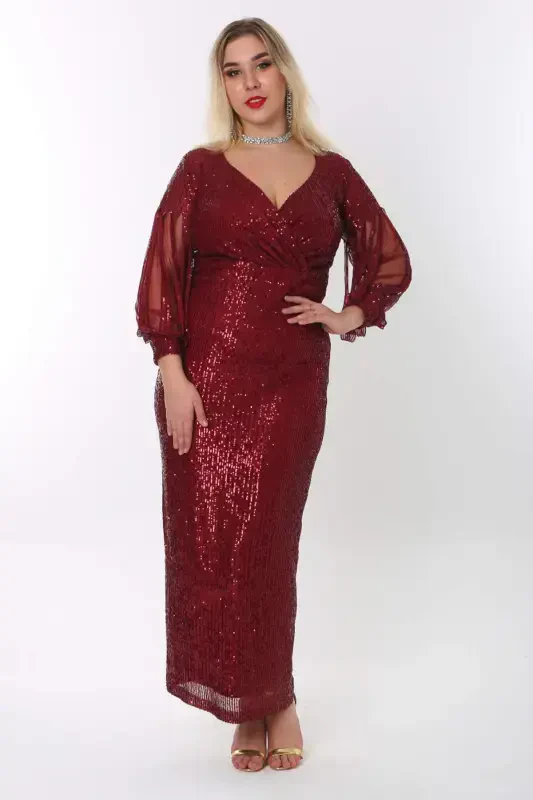 Angelino Plus Size Long Sequin Beaded Evening Dress with Fringe Sleeves in Burgundy KL8035 - 1