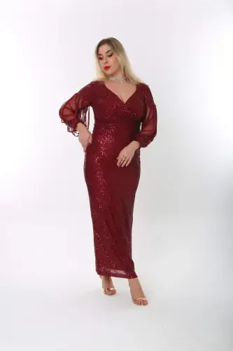 Angelino Plus Size Long Sequin Beaded Evening Dress with Fringe Sleeves in Burgundy KL8035 - 8