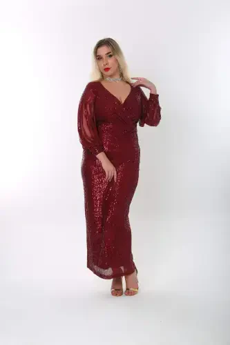 Angelino Plus Size Long Sequin Beaded Evening Dress with Fringe Sleeves in Burgundy KL8035 - 9