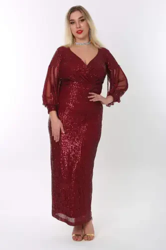 Angelino Plus Size Long Sequin Beaded Evening Dress with Fringe Sleeves in Burgundy KL8035 - 1