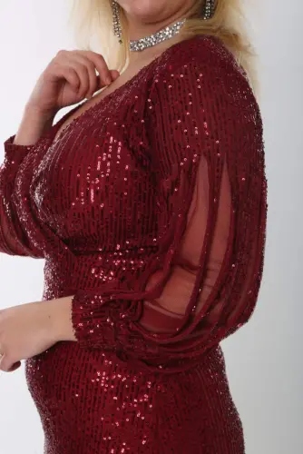 Angelino Plus Size Long Sequin Beaded Evening Dress with Fringe Sleeves in Burgundy KL8035 - BÜYÜKBEDENIZ (1)
