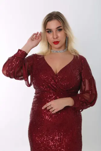Angelino Plus Size Long Sequin Beaded Evening Dress with Fringe Sleeves in Burgundy KL8035 - 4