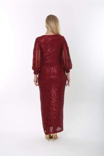Angelino Plus Size Long Sequin Beaded Evening Dress with Fringe Sleeves in Burgundy KL8035 - 7