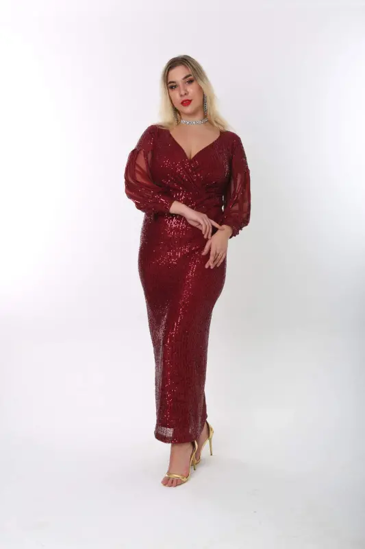 Angelino Plus Size Long Sequin Beaded Evening Dress with Fringe Sleeves in Burgundy KL8035 - 5