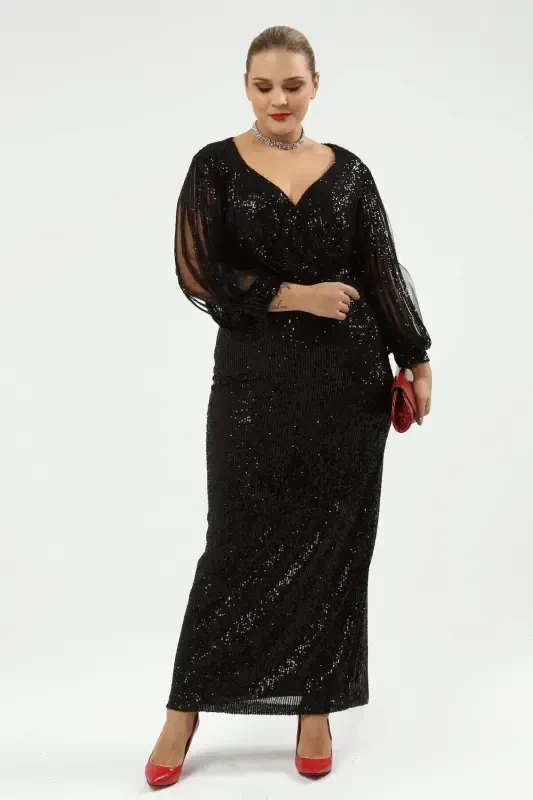 Angelino Plus Size Long Sequin Fringe Sleeve Evening Dress Black KL8035 - 2