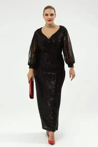 Angelino Plus Size Long Sequin Fringe Sleeve Evening Dress Black KL8035 - 4