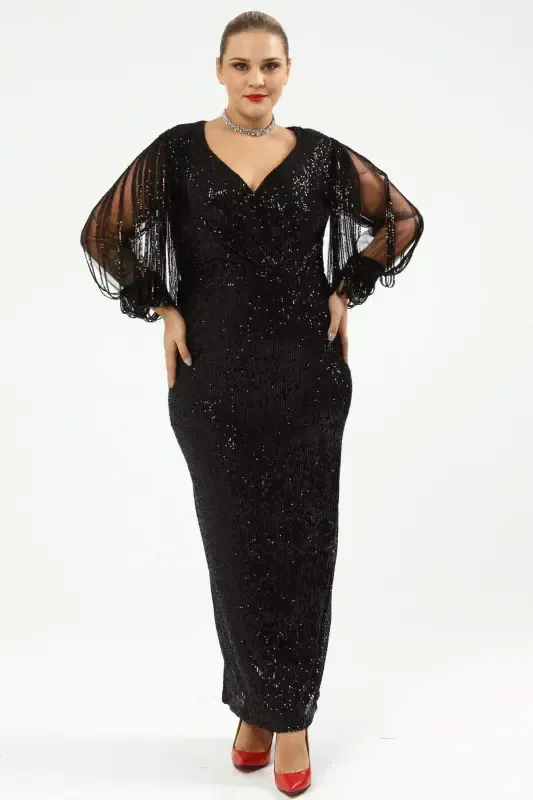Angelino Plus Size Long Sequin Fringe Sleeve Evening Dress Black KL8035 - 6