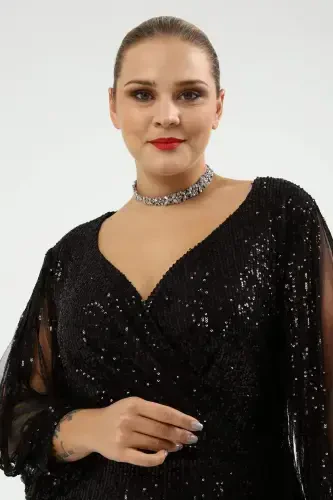 Angelino Plus Size Long Sequin Fringe Sleeve Evening Dress Black KL8035 - 7