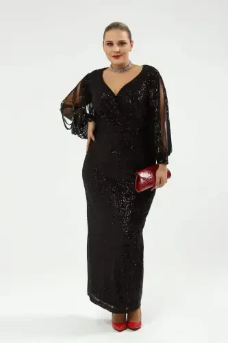 Angelino Plus Size Long Sequin Fringe Sleeve Evening Dress Black KL8035 - 8