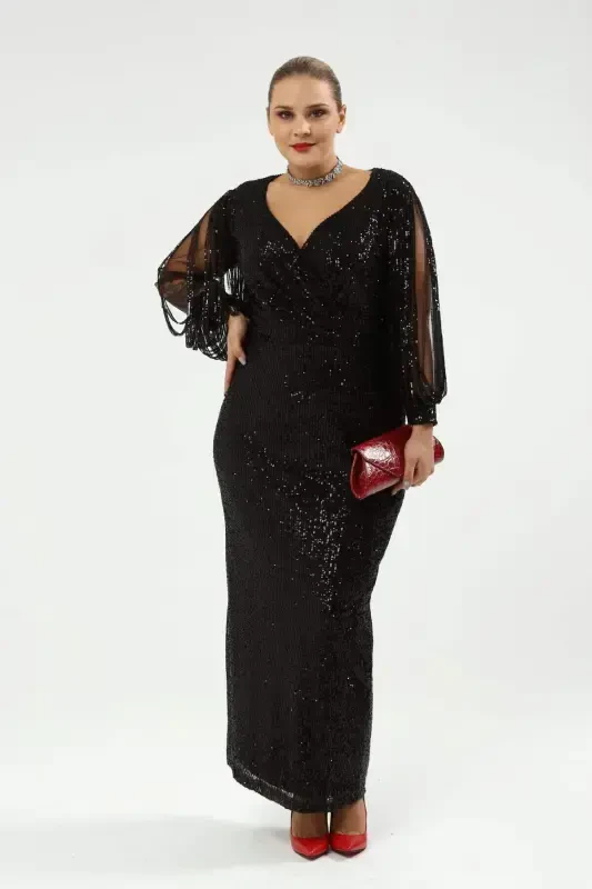 Angelino Plus Size Long Sequin Fringe Sleeve Evening Dress Black KL8035 - 8