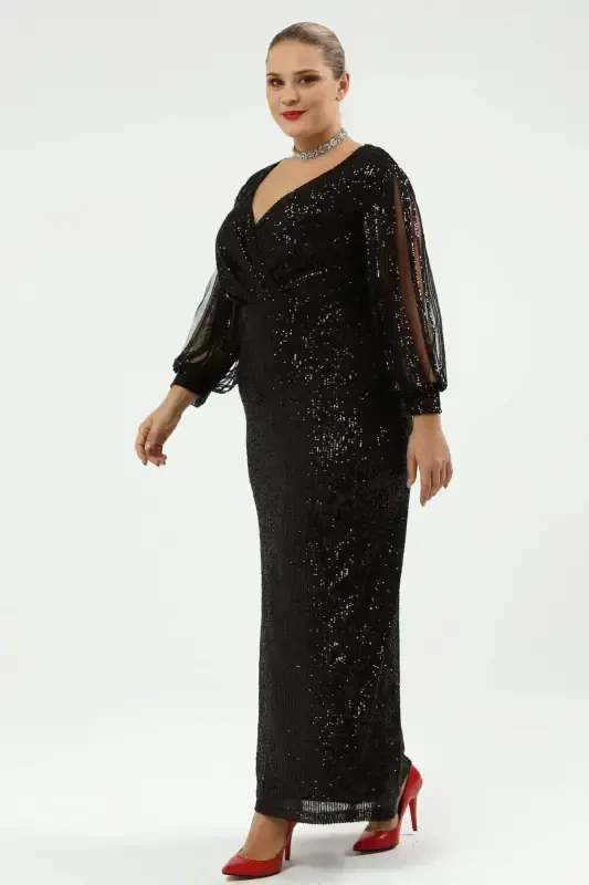 Angelino Plus Size Long Sequin Fringe Sleeve Evening Dress Black KL8035 - 9