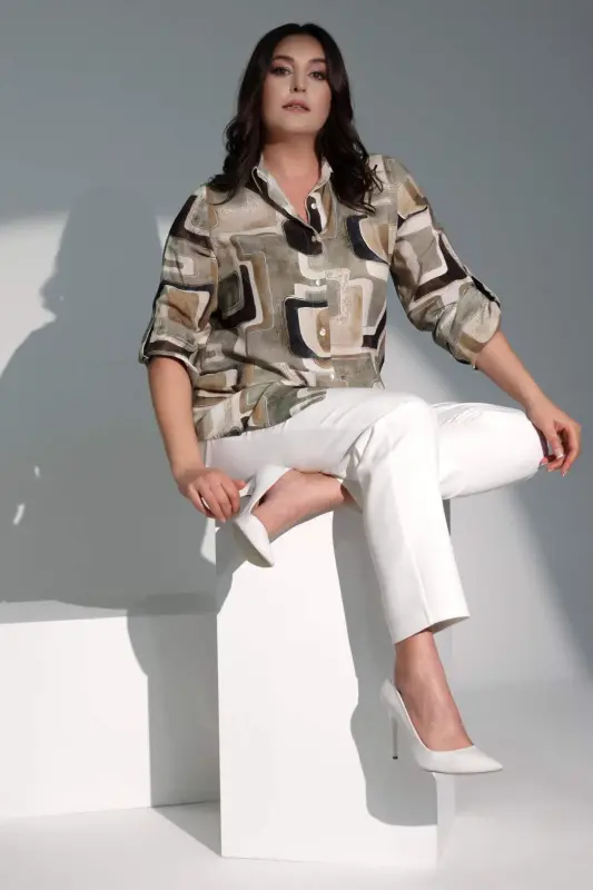 Angelino Plus Size Maze Patterned Khaki Shirt - 6