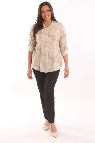 Angelino Plus Size Mink Rose Patterned Viscose Shirt - 2