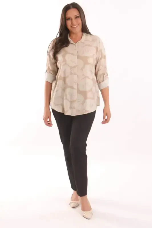 Angelino Plus Size Mink Rose Patterned Viscose Shirt - 2