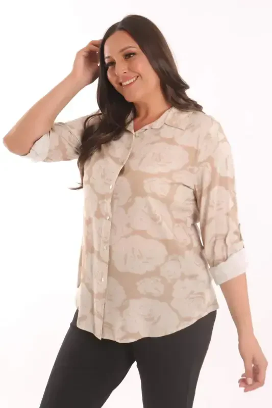 Angelino Plus Size Mink Rose Patterned Viscose Shirt - 3
