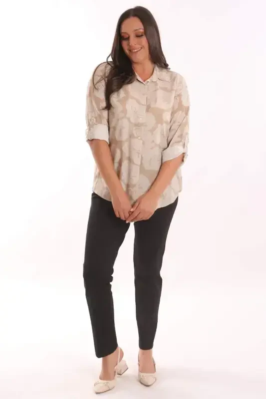Angelino Plus Size Mink Rose Patterned Viscose Shirt - 4
